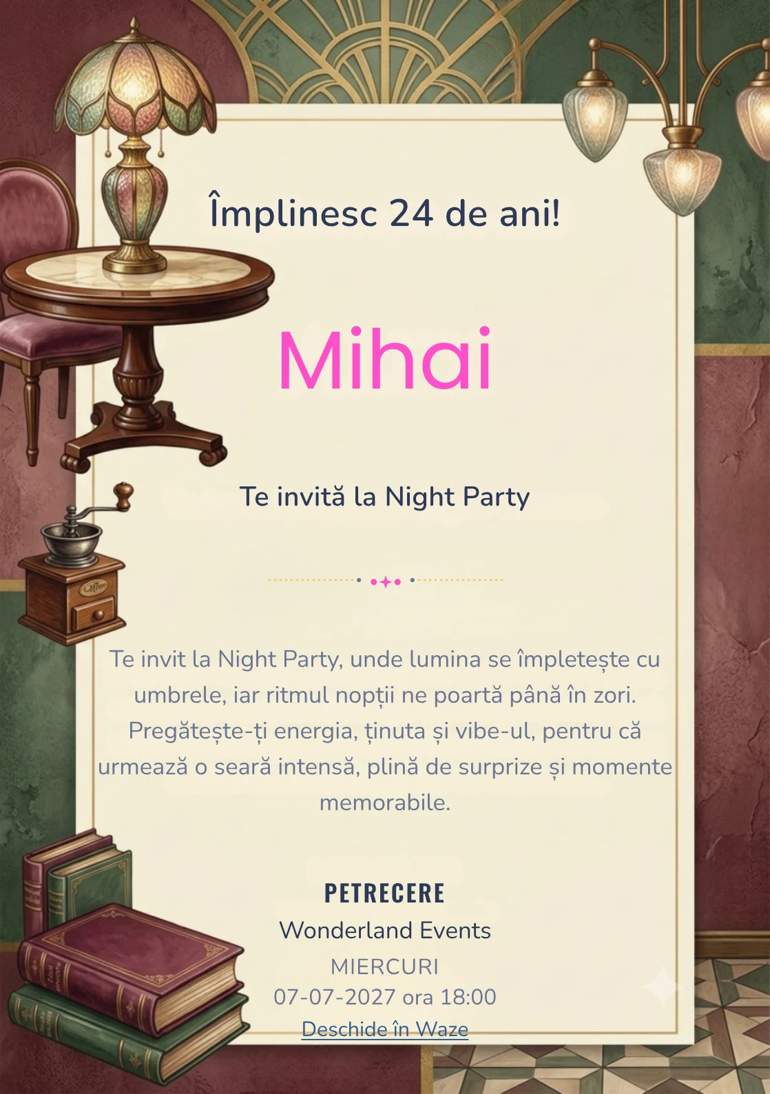 Cafe Society este un model de invitații online pentru o aniversare adultă, definit vizual de o masă rotundă și o lampă artizanală.