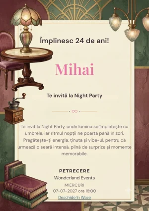 Cafe Society este un model de invitații online pentru o aniversare adultă, definit vizual de o masă rotundă și o lampă artizanală.