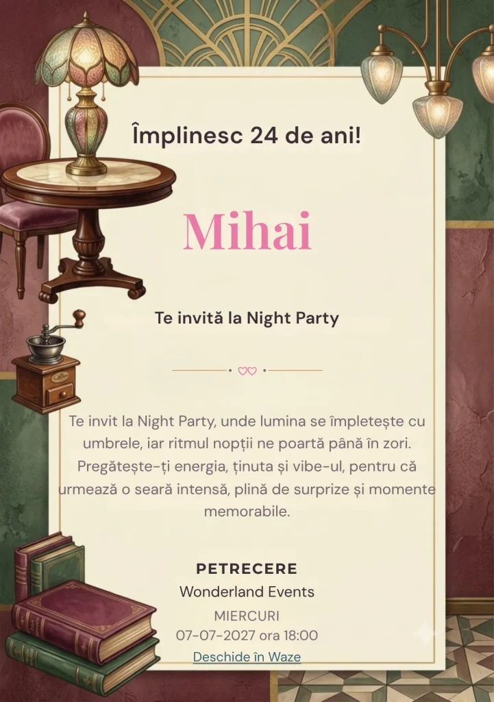 Cafe Society este un model de invitații online pentru o aniversare adultă, definit vizual de o masă rotundă și o lampă artizanală.