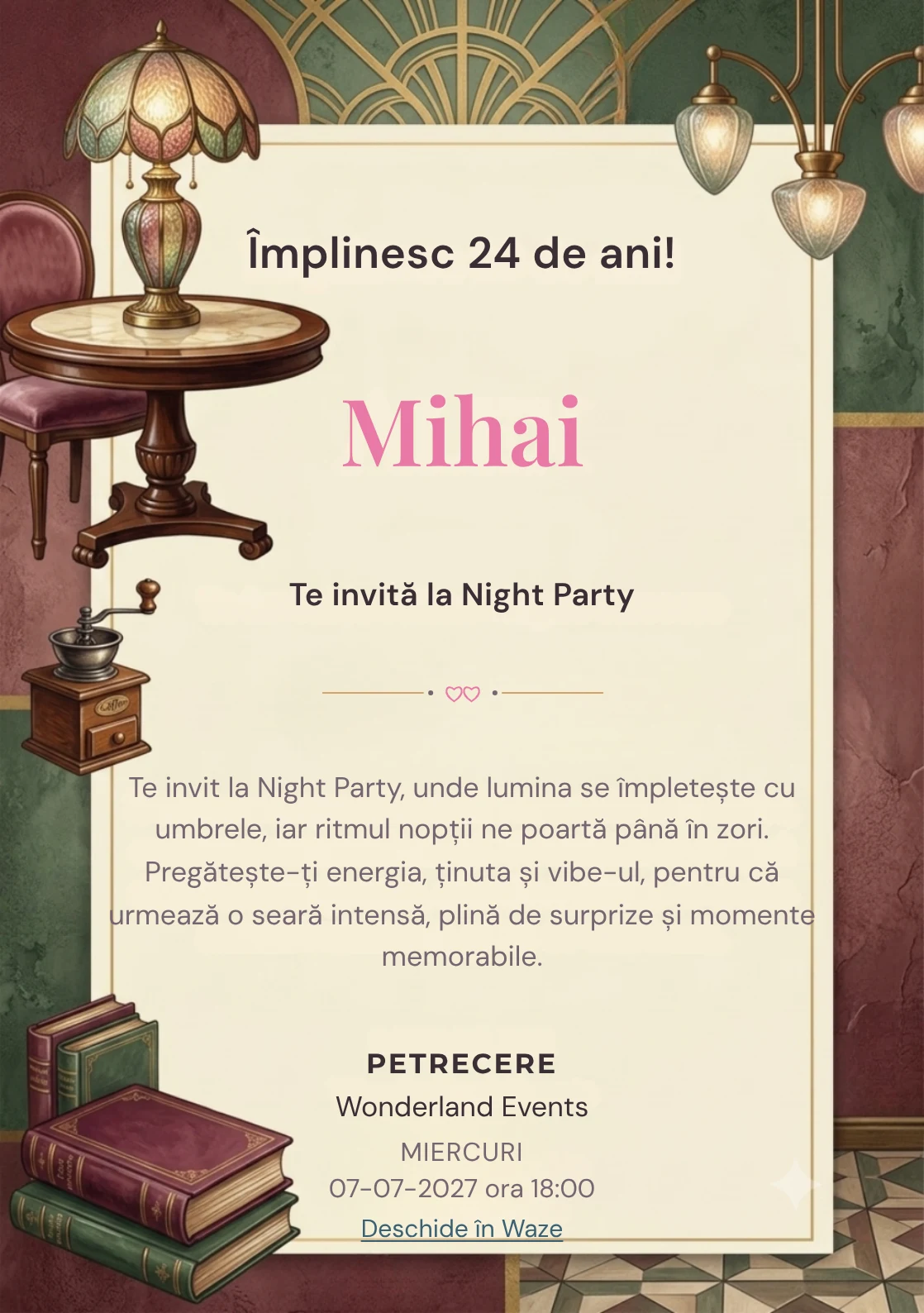 Cafe Society este un model de invitații online pentru o aniversare adultă, definit vizual de o masă rotundă și o lampă artizanală.
