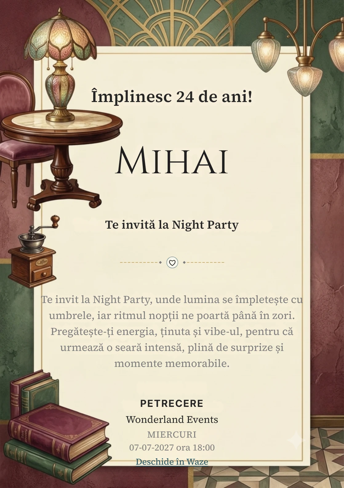 Cafe Society este un model de invitații online pentru o aniversare adultă, definit vizual de o masă rotundă și o lampă artizanală.