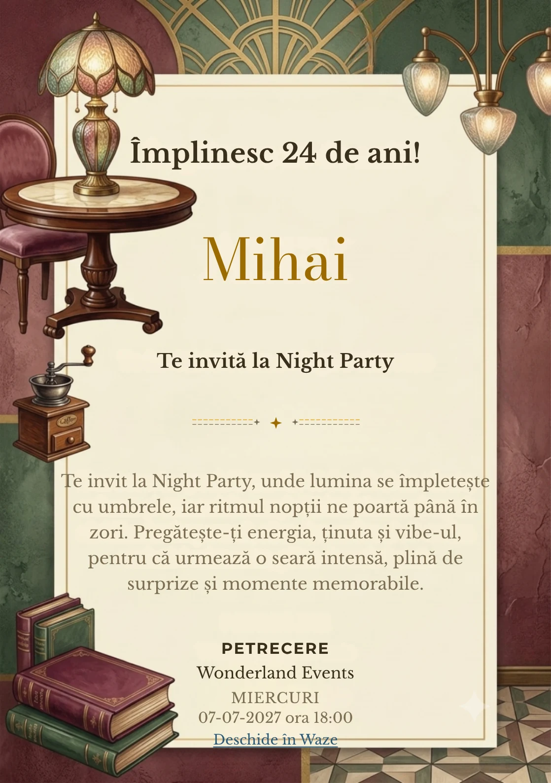 Cafe Society este un model de invitații online pentru o aniversare adultă, definit vizual de o masă rotundă și o lampă artizanală.