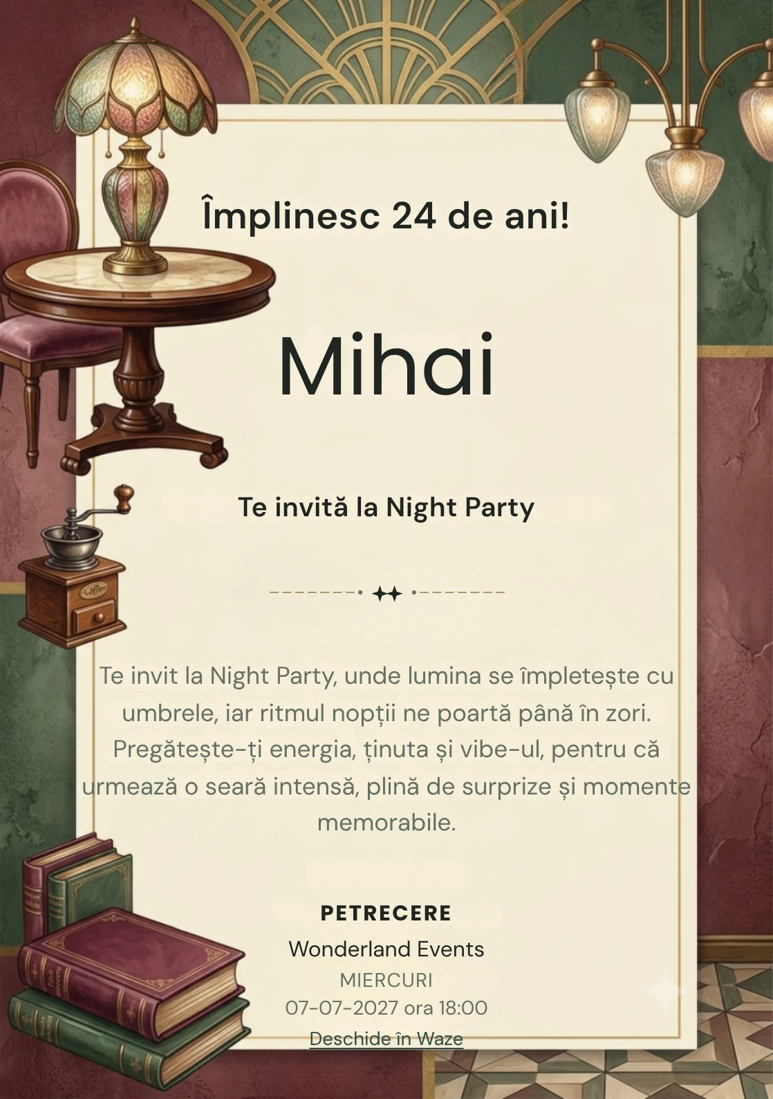 Cafe Society este un model de invitații online pentru o aniversare adultă, definit vizual de o masă rotundă și o lampă artizanală.