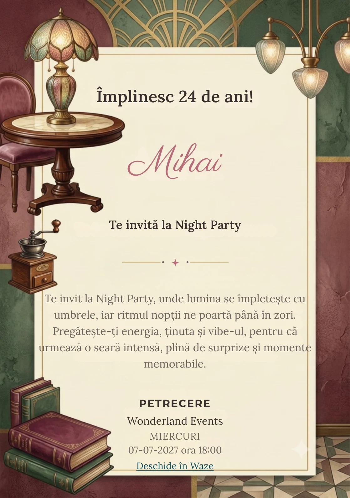 Cafe Society este un model de invitații online pentru o aniversare adultă, definit vizual de o masă rotundă și o lampă artizanală.