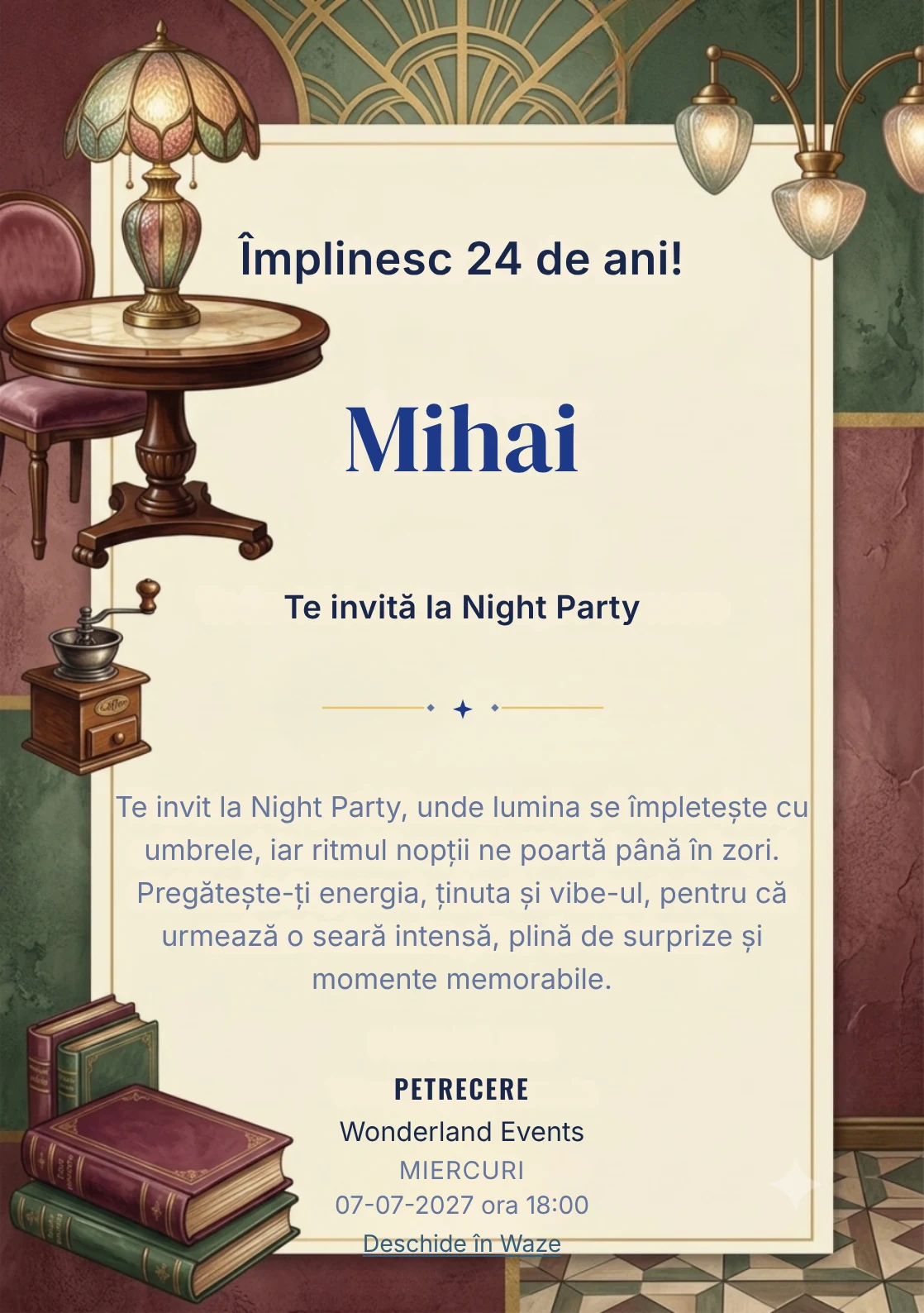 Cafe Society este un model de invitații online pentru o aniversare adultă, definit vizual de o masă rotundă și o lampă artizanală.