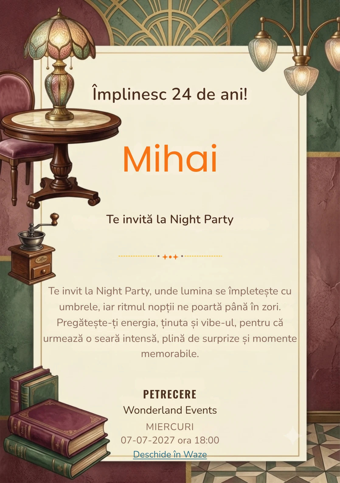 Cafe Society este un model de invitații online pentru o aniversare adultă, definit vizual de o masă rotundă și o lampă artizanală.