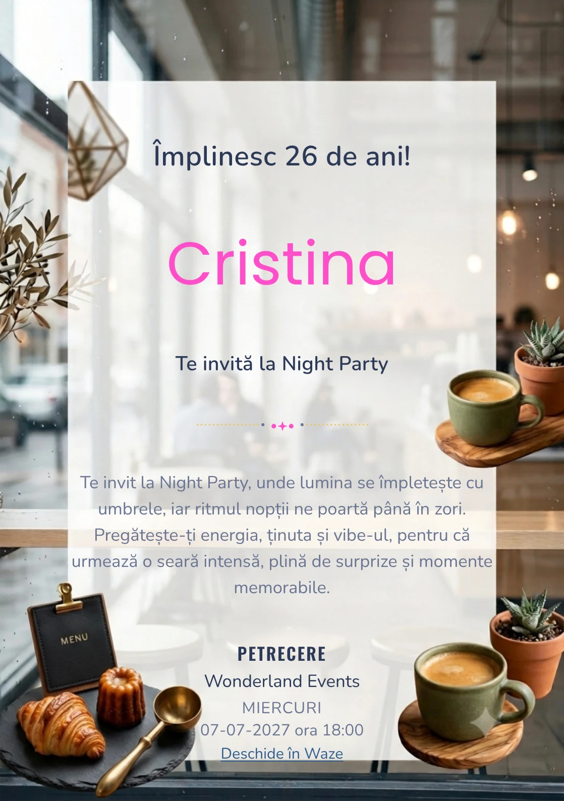 Cafea în Oraș este un model de invitații digitale pentru o aniversare adultă, definit vizual de o ceașcă ceramică și o plantă.