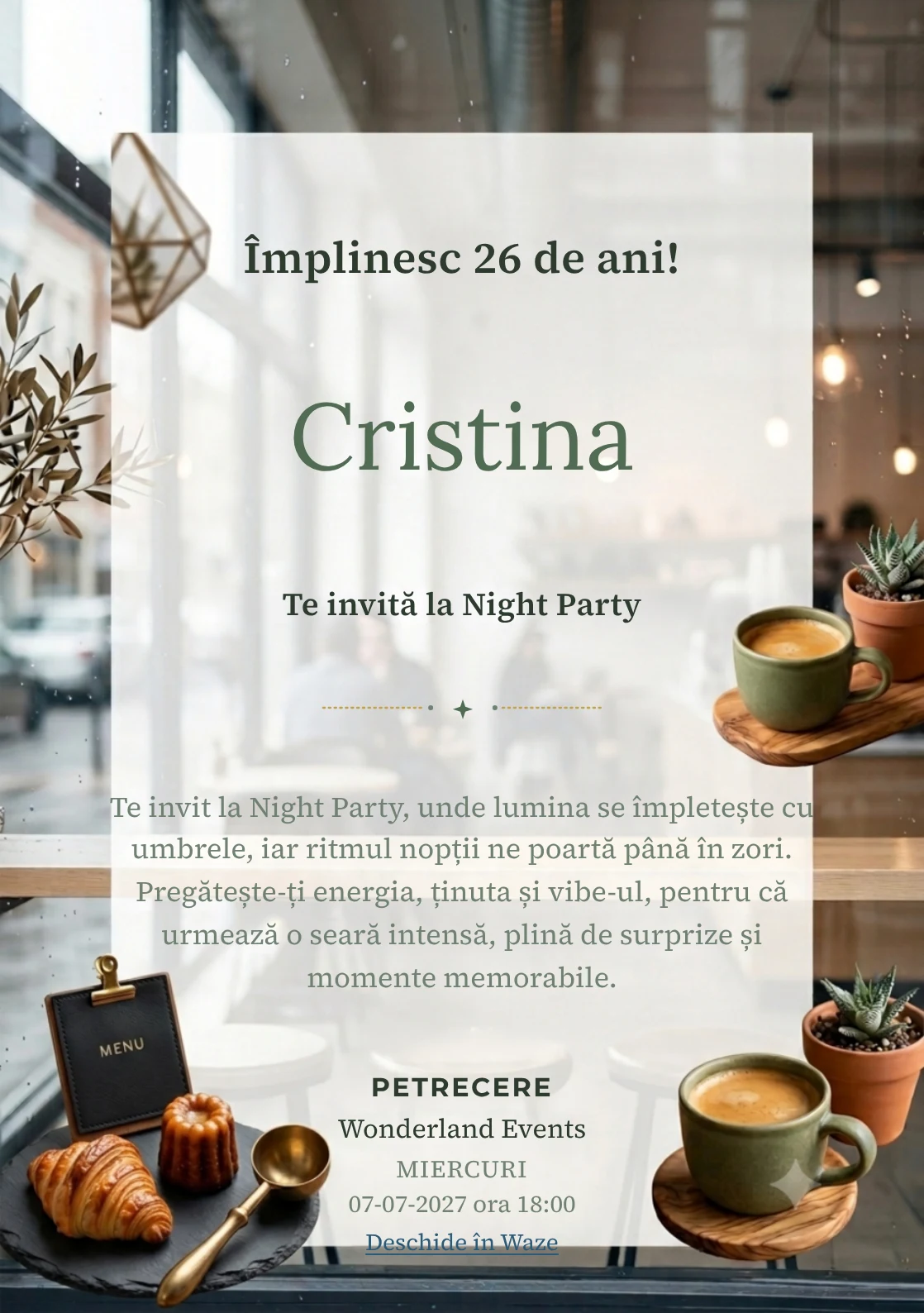 Cafea în Oraș este un model de invitații digitale pentru o aniversare adultă, definit vizual de o ceașcă ceramică și o plantă.