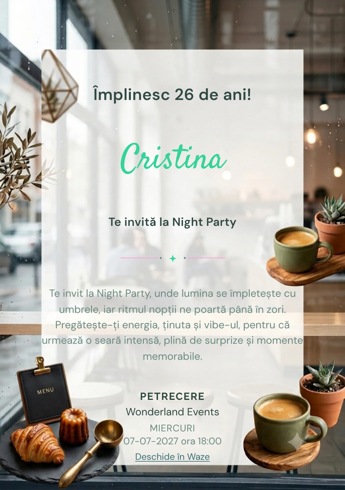 Cafea în Oraș este un model de invitații digitale pentru o aniversare adultă, definit vizual de o ceașcă ceramică și o plantă.