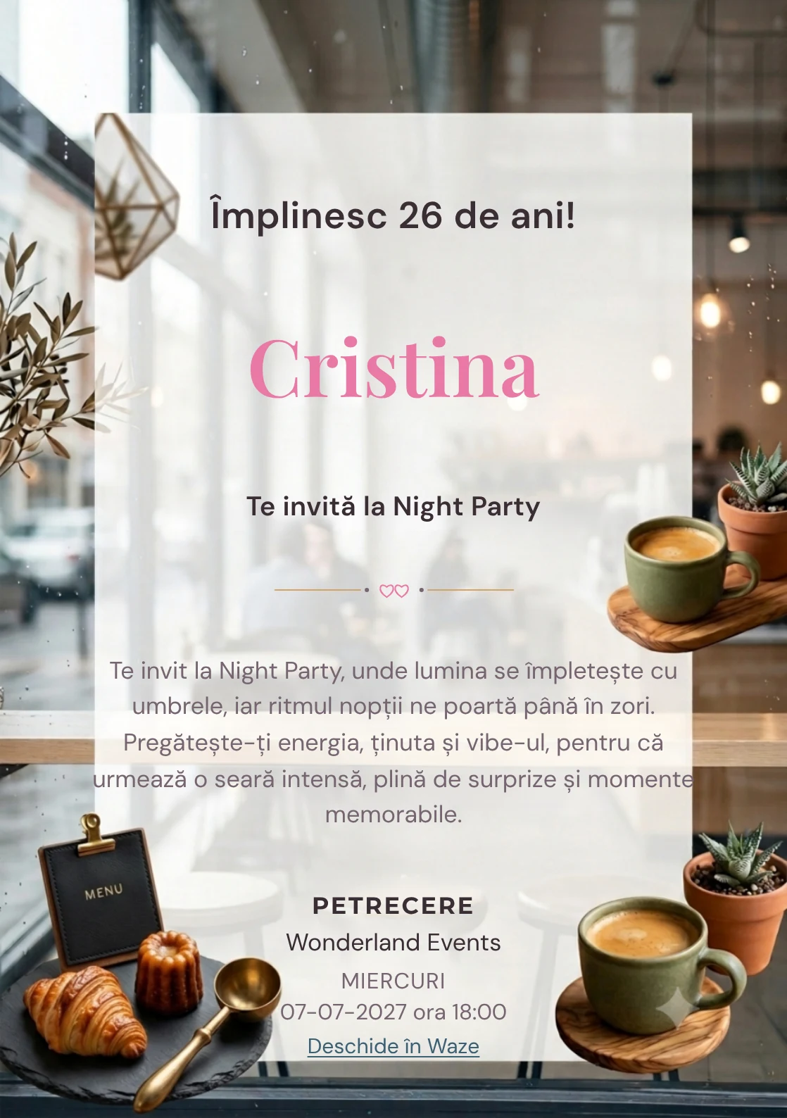 Cafea în Oraș este un model de invitații digitale pentru o aniversare adultă, definit vizual de o ceașcă ceramică și o plantă.