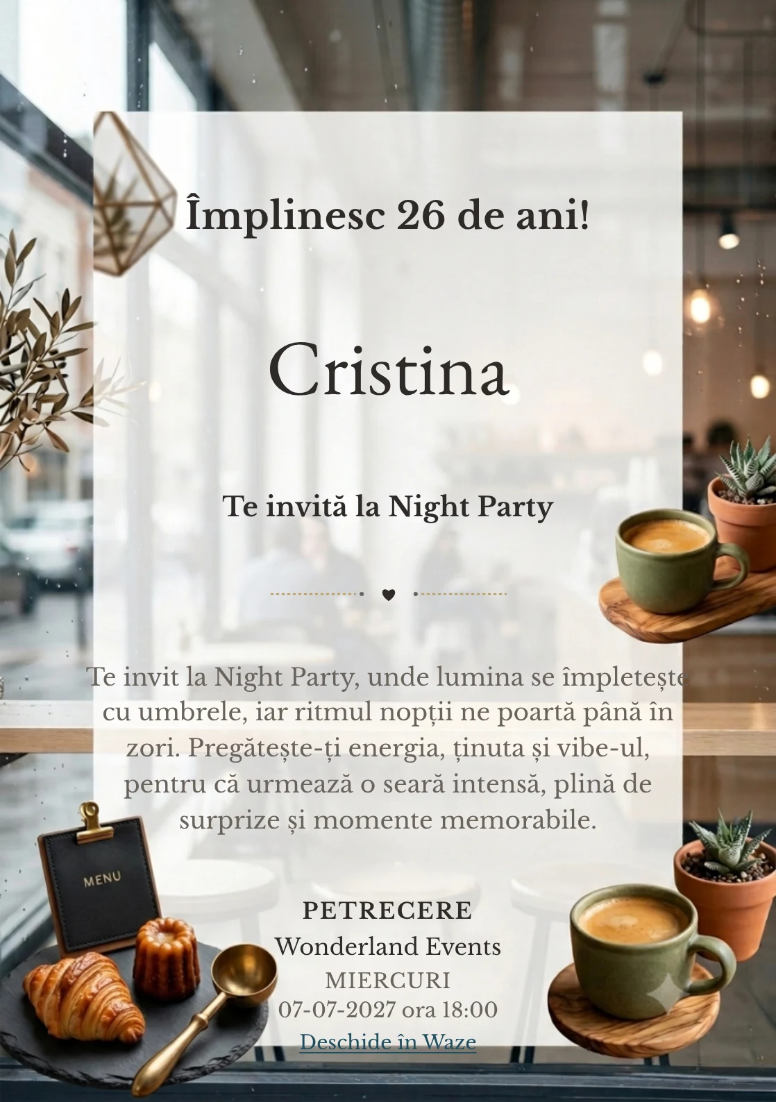Cafea în Oraș este un model de invitații digitale pentru o aniversare adultă, definit vizual de o ceașcă ceramică și o plantă.