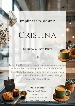 Cafea în Oraș este un model de invitații digitale pentru o aniversare adultă, definit vizual de o ceașcă ceramică și o plantă.