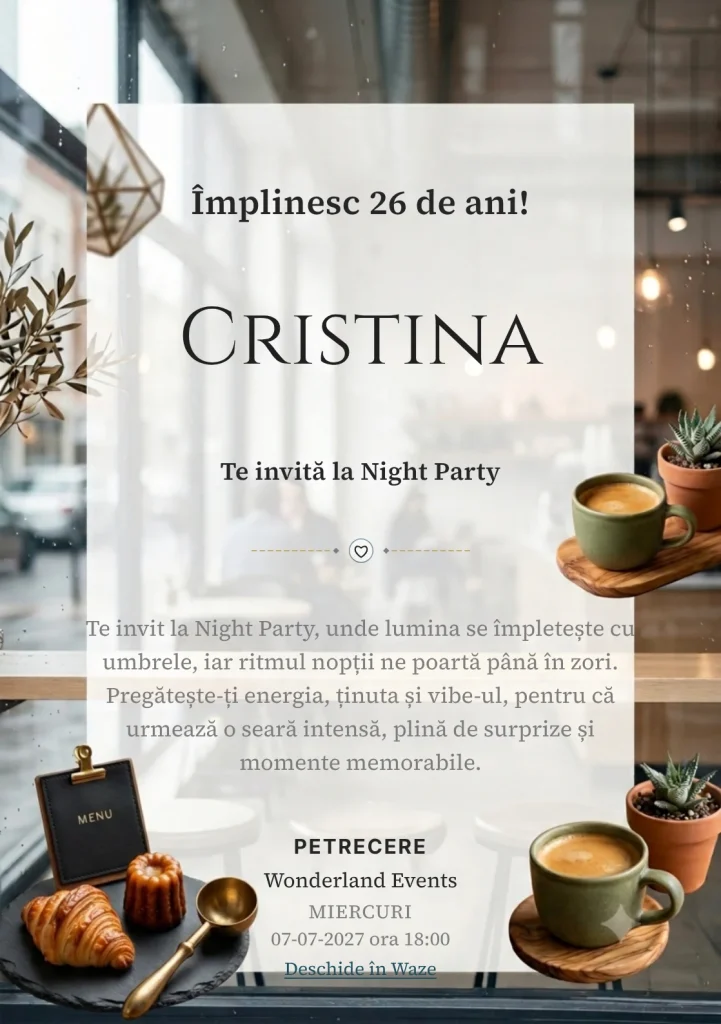 Cafea în Oraș este un model de invitații digitale pentru o aniversare adultă, definit vizual de o ceașcă ceramică și o plantă.