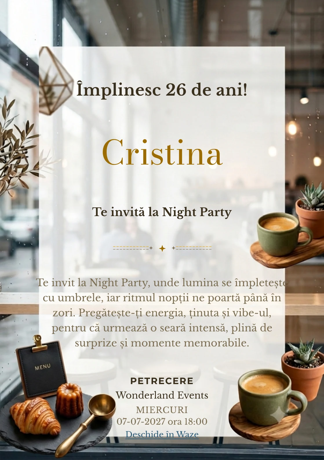 Cafea în Oraș este un model de invitații digitale pentru o aniversare adultă, definit vizual de o ceașcă ceramică și o plantă.