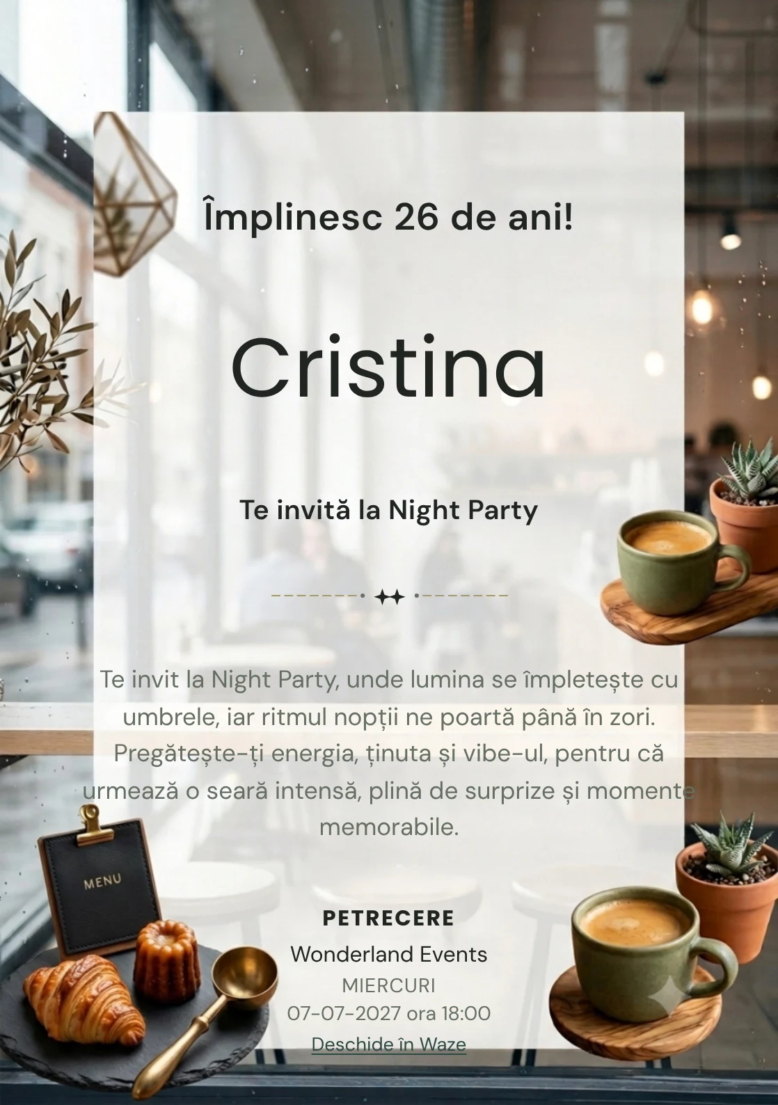 Cafea în Oraș este un model de invitații digitale pentru o aniversare adultă, definit vizual de o ceașcă ceramică și o plantă.