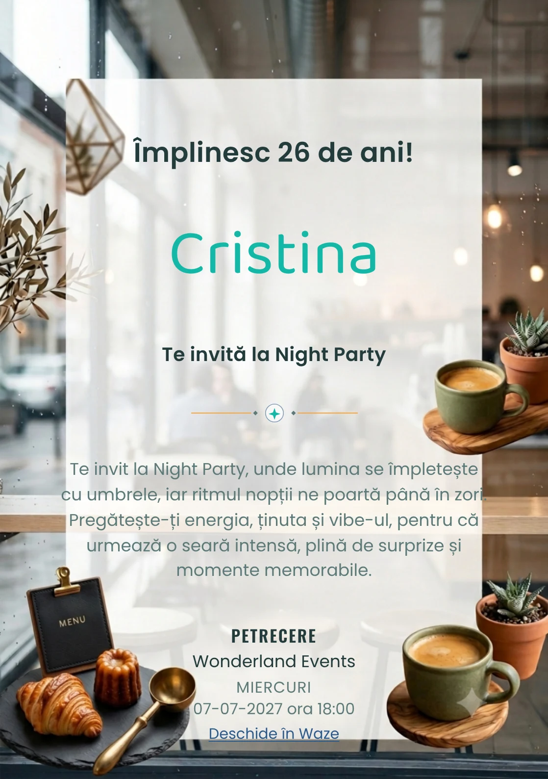 Cafea în Oraș este un model de invitații digitale pentru o aniversare adultă, definit vizual de o ceașcă ceramică și o plantă.