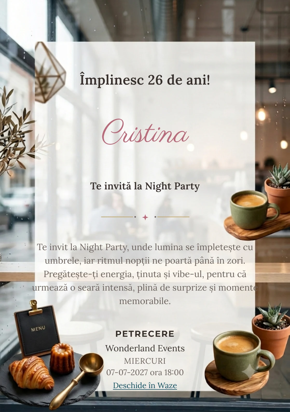 Cafea în Oraș este un model de invitații digitale pentru o aniversare adultă, definit vizual de o ceașcă ceramică și o plantă.