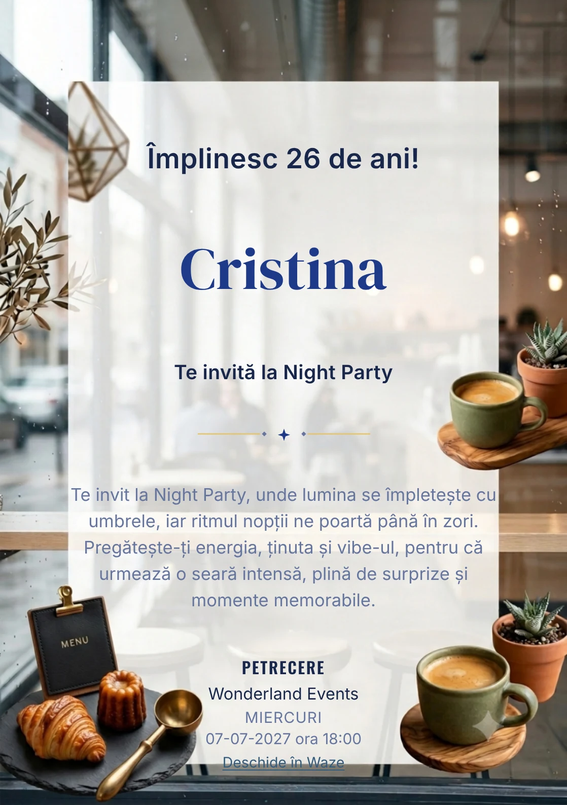 Cafea în Oraș este un model de invitații digitale pentru o aniversare adultă, definit vizual de o ceașcă ceramică și o plantă.