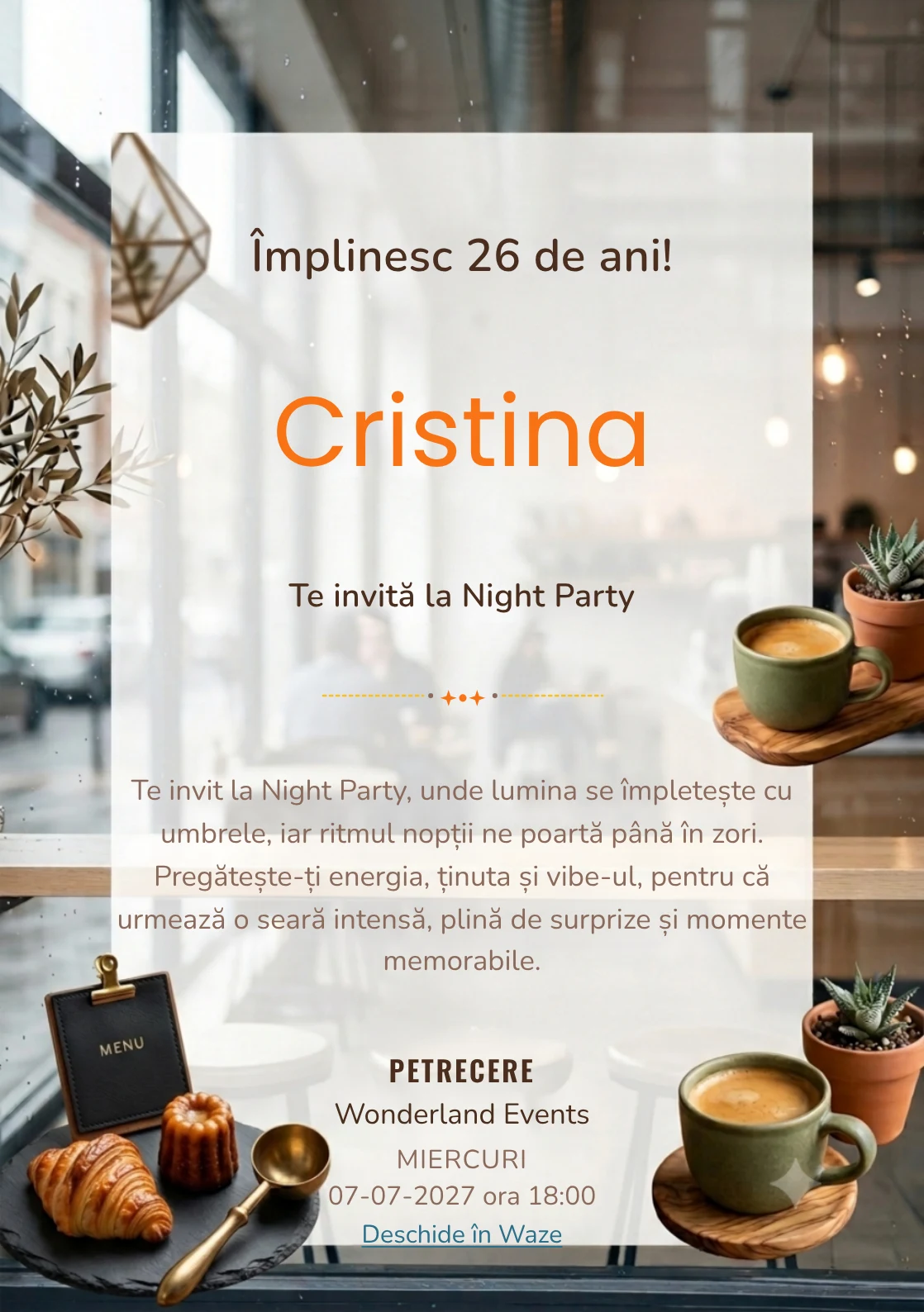 Cafea în Oraș este un model de invitații digitale pentru o aniversare adultă, definit vizual de o ceașcă ceramică și o plantă.
