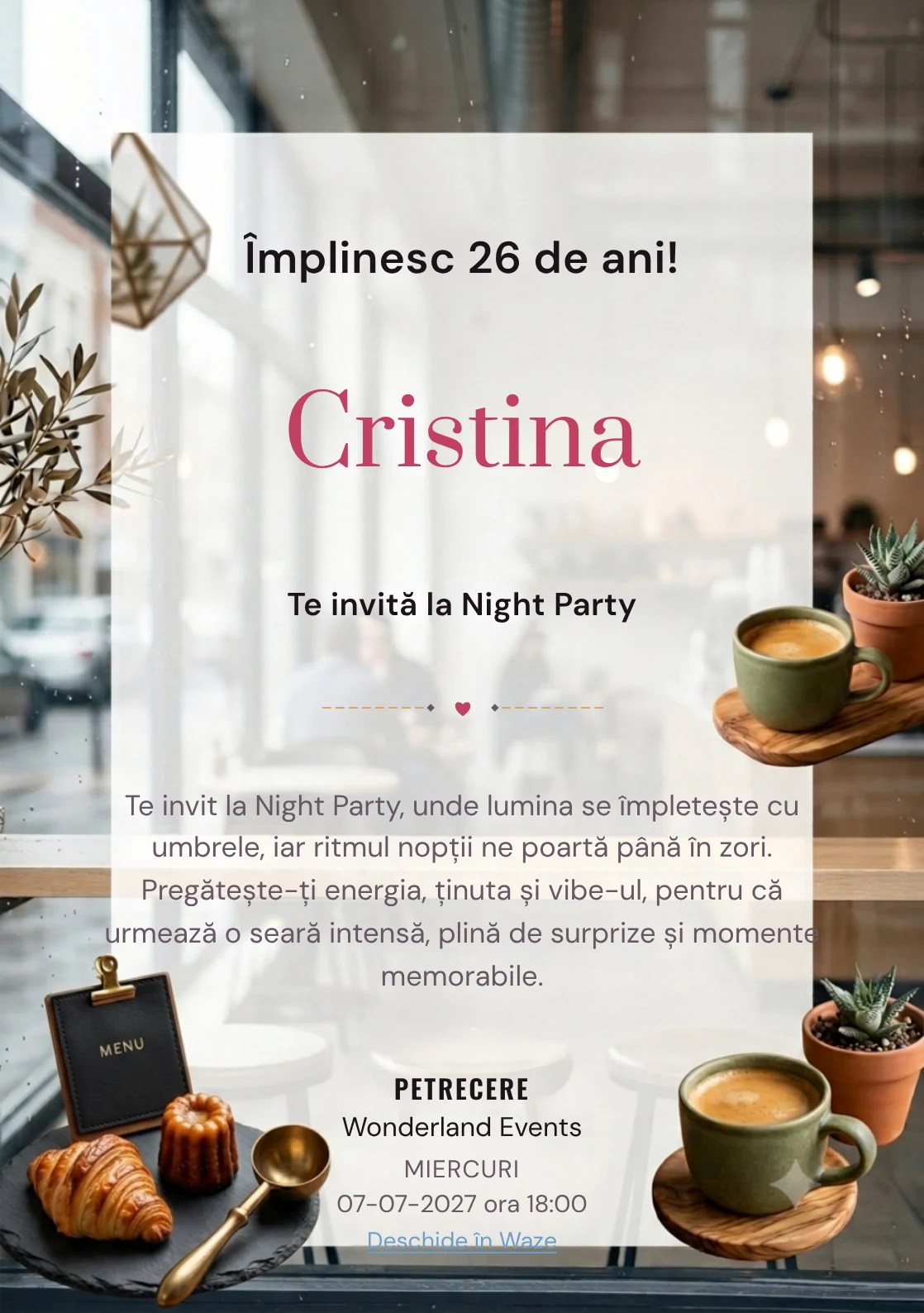 Cafea în Oraș este un model de invitații digitale pentru o aniversare adultă, definit vizual de o ceașcă ceramică și o plantă.