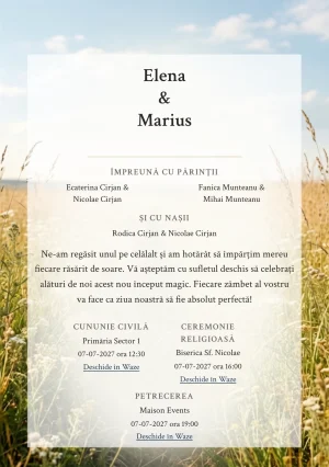Fundalul Câmpul de Vară, pentru invitații de nuntă, se remarcă prin câmp de ierburi joase și accente de galben iarbă uscată, verde câmp și alb nor.
