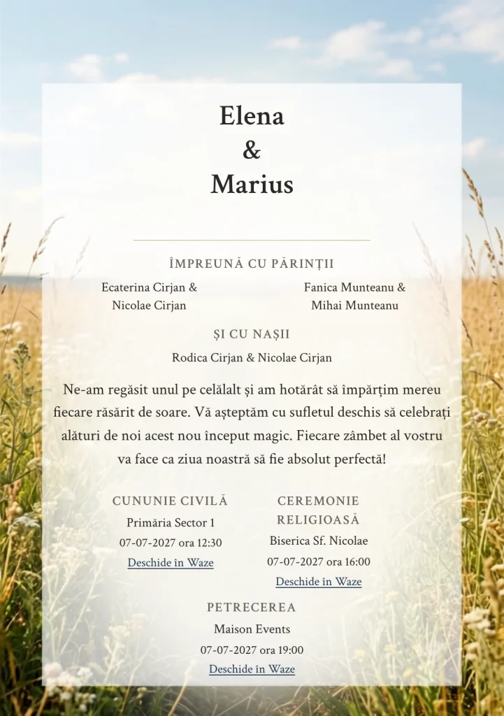 Fundalul Câmpul de Vară, pentru invitații de nuntă, se remarcă prin câmp de ierburi joase și accente de galben iarbă uscată, verde câmp și alb nor.
