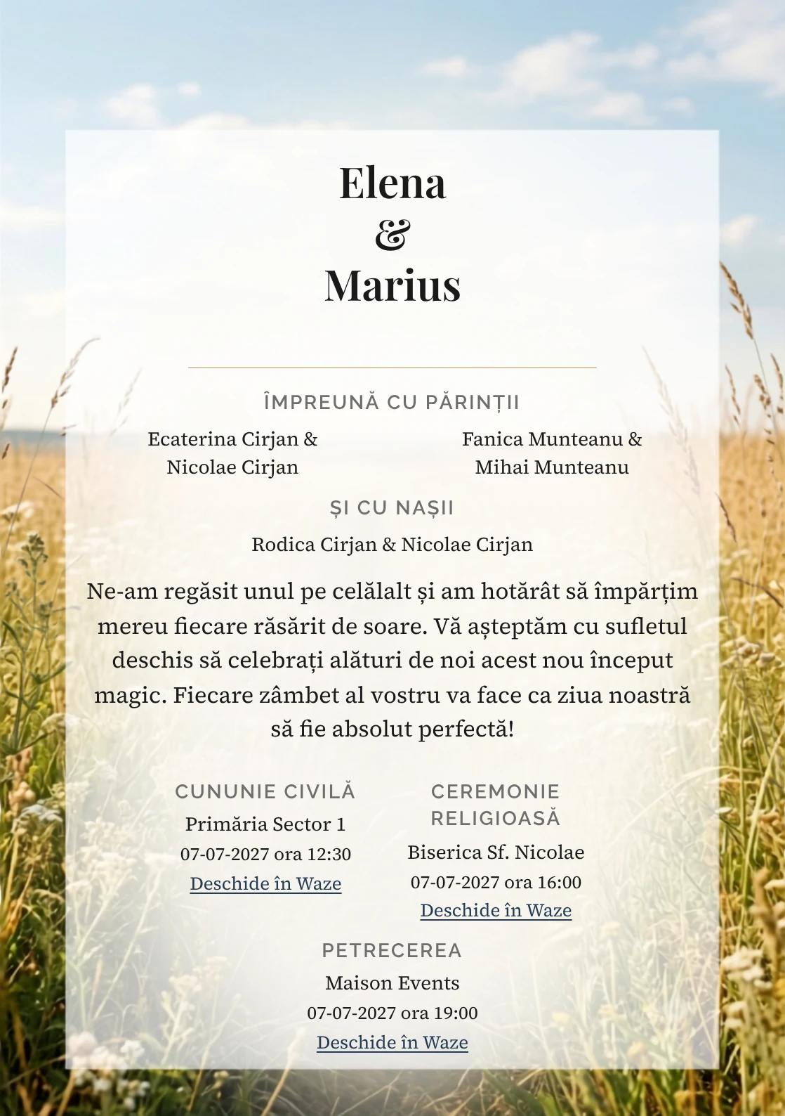 Fundalul Câmpul de Vară, pentru invitații de nuntă, se remarcă prin câmp de ierburi joase și accente de galben iarbă uscată, verde câmp și alb nor.