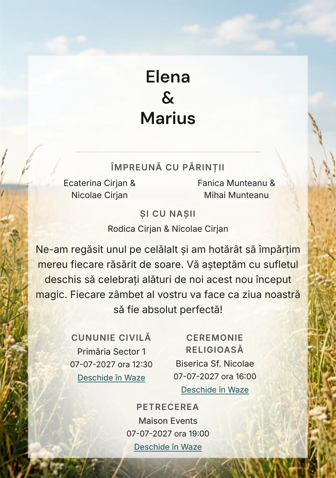 Fundalul Câmpul de Vară, pentru invitații de nuntă, se remarcă prin câmp de ierburi joase și accente de galben iarbă uscată, verde câmp și alb nor.
