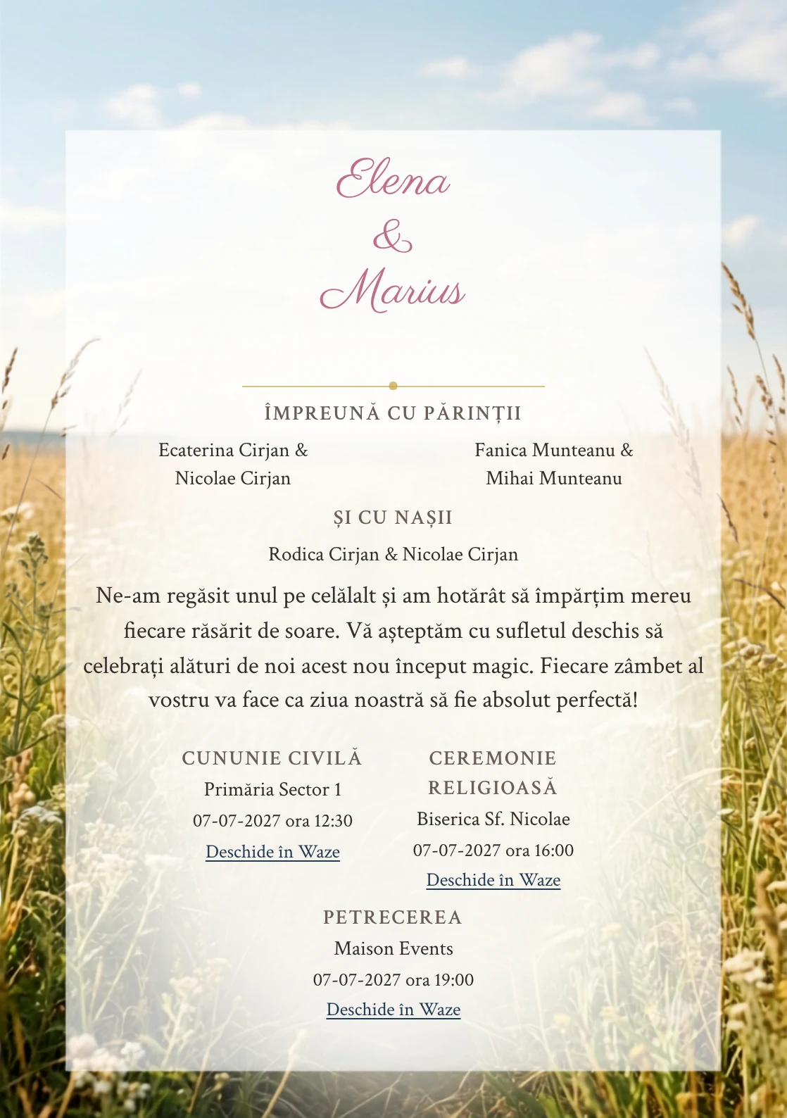 Fundalul Câmpul de Vară, pentru invitații de nuntă, se remarcă prin câmp de ierburi joase și accente de galben iarbă uscată, verde câmp și alb nor.