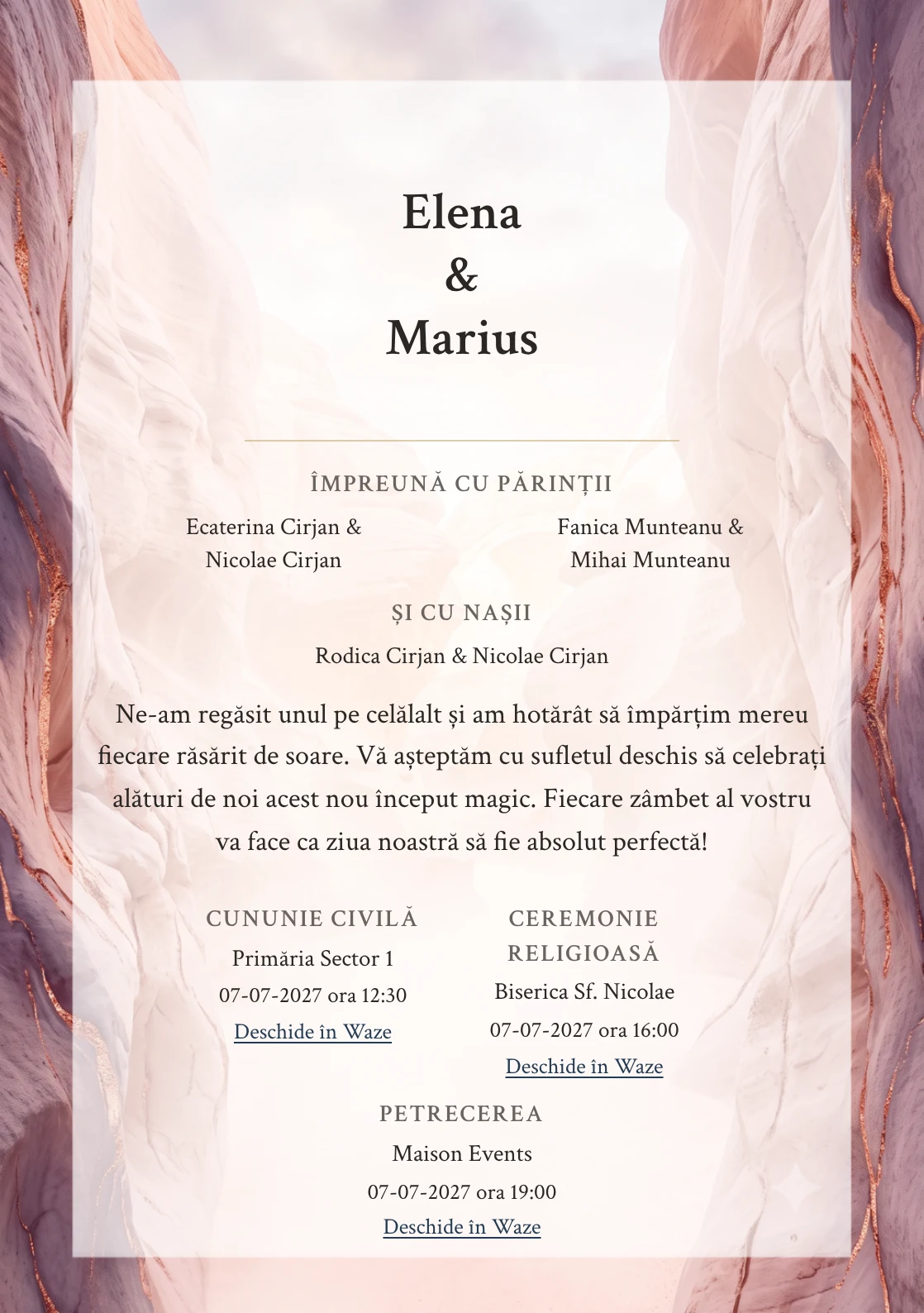 Canion Pastel, pentru o invitație de nuntă, prezintă pereți de canion pastel pe laterale, completat vizual de nuanțe de roz canyon, nisip caisă și mov umbră.