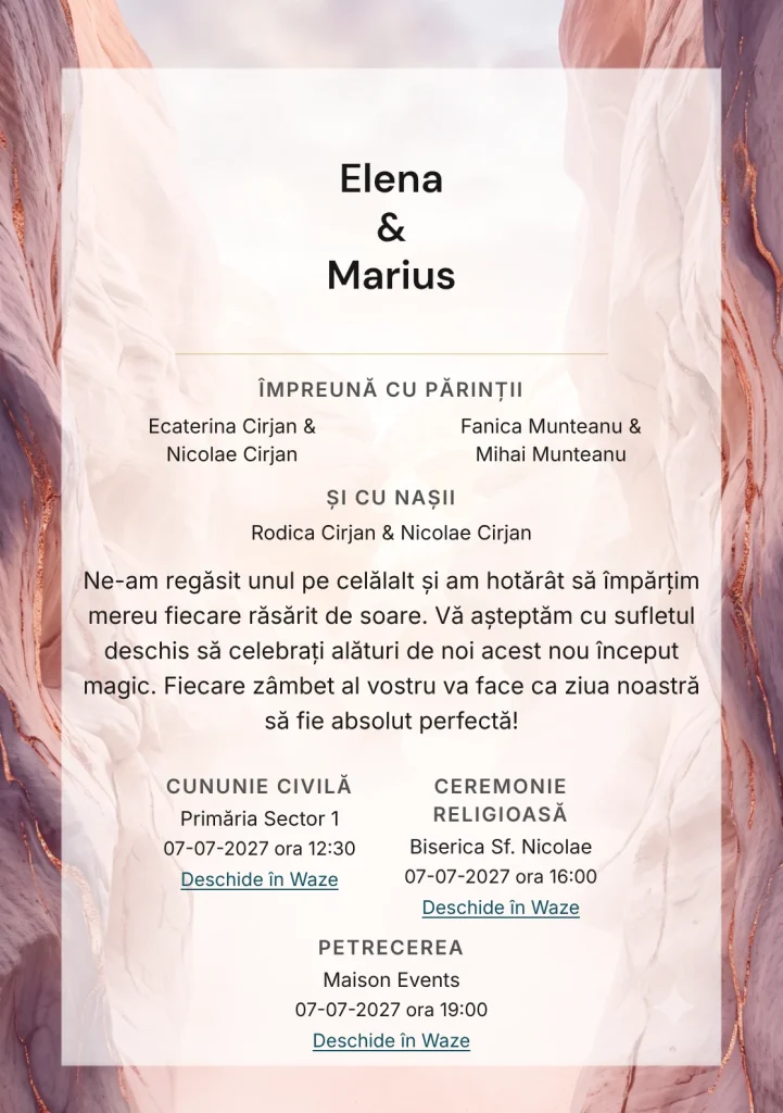 Canion Pastel, pentru o invitație de nuntă, prezintă pereți de canion pastel pe laterale, completat vizual de nuanțe de roz canyon, nisip caisă și mov umbră.