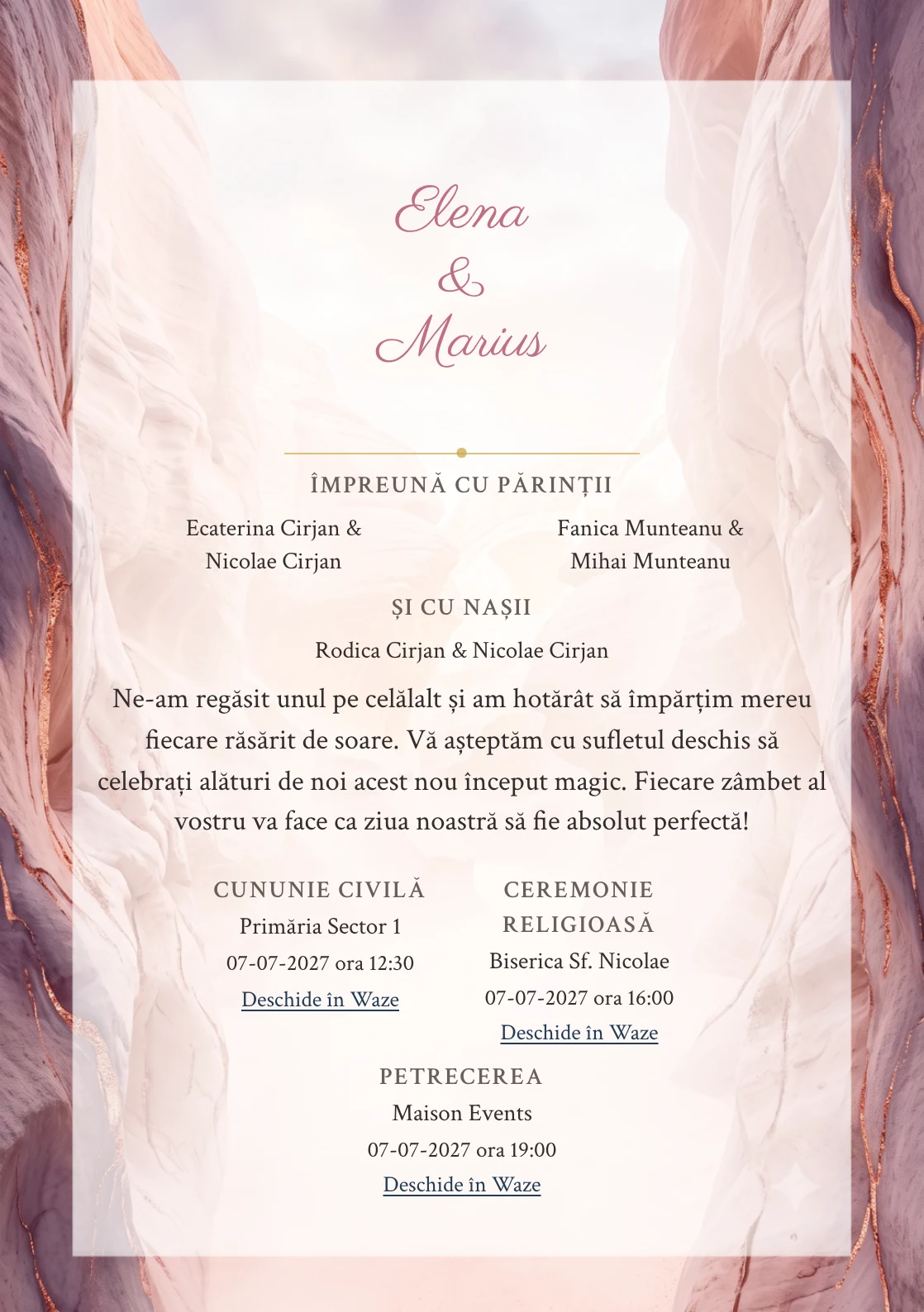 Canion Pastel, pentru o invitație de nuntă, prezintă pereți de canion pastel pe laterale, completat vizual de nuanțe de roz canyon, nisip caisă și mov umbră.