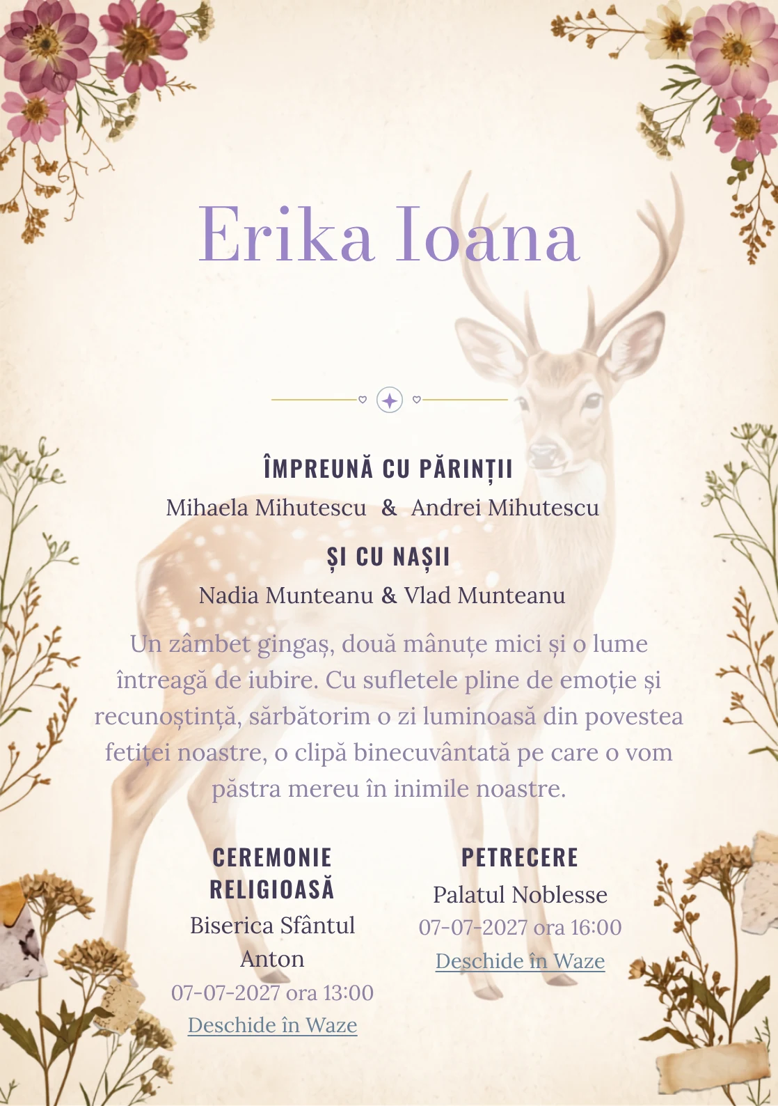 Imaginea Căprioara din Ierbar, din gama de invitații botez fetiță, pune în valoare o căprioară delicată înconjurată, cu ierbar.