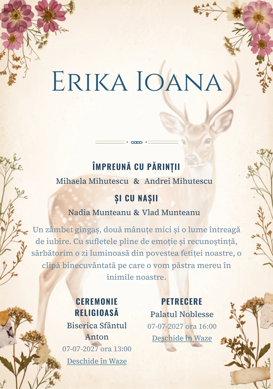 Imaginea Căprioara din Ierbar, din gama de invitații botez fetiță, pune în valoare o căprioară delicată înconjurată, cu ierbar.