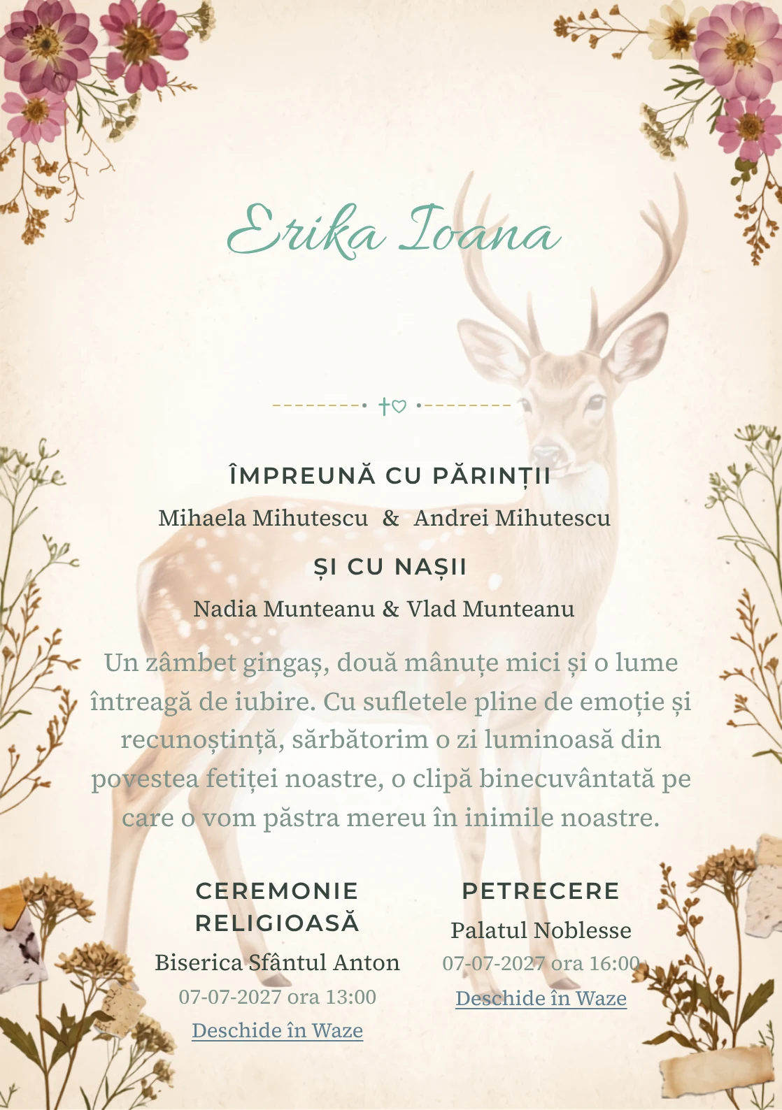 Imaginea Căprioara din Ierbar, din gama de invitații botez fetiță, pune în valoare o căprioară delicată înconjurată, cu ierbar.
