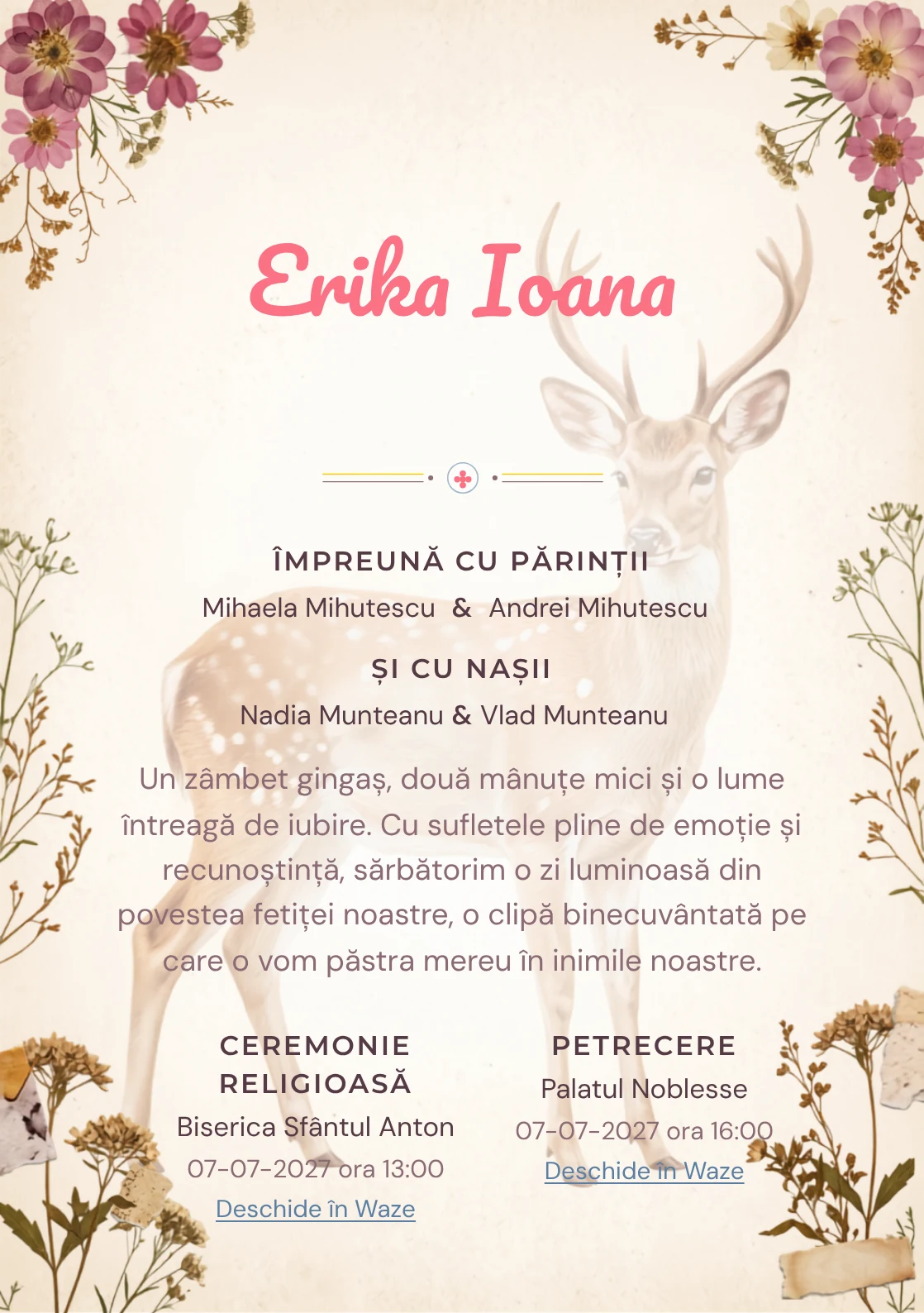 Imaginea Căprioara din Ierbar, din gama de invitații botez fetiță, pune în valoare o căprioară delicată înconjurată, cu ierbar.