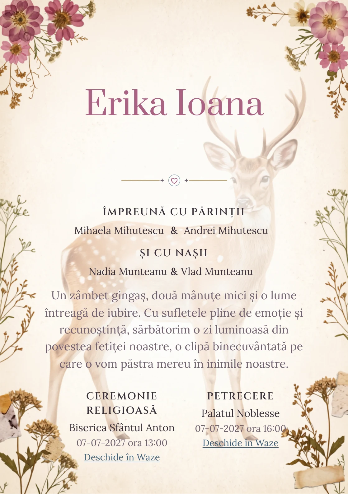 Imaginea Căprioara din Ierbar, din gama de invitații botez fetiță, pune în valoare o căprioară delicată înconjurată, cu ierbar.