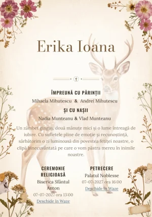 Imaginea Căprioara din Ierbar, din gama de invitații botez fetiță, pune în valoare o căprioară delicată înconjurată, cu ierbar.