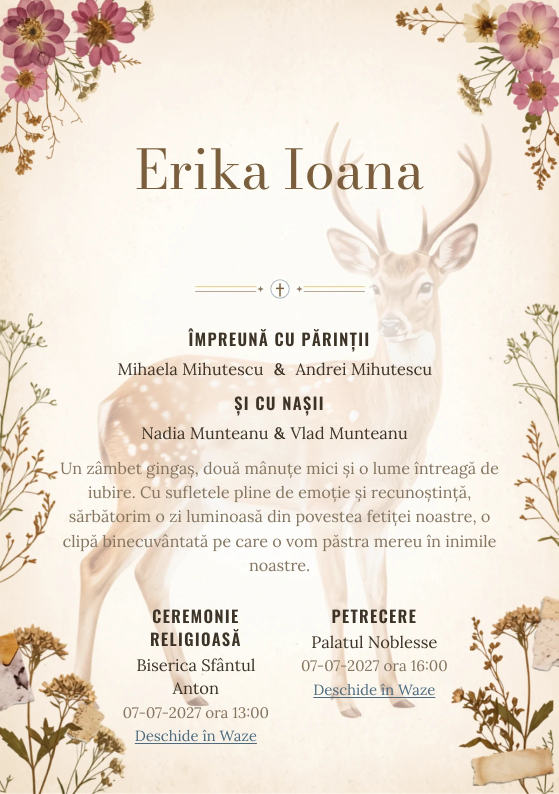 Imaginea Căprioara din Ierbar, din gama de invitații botez fetiță, pune în valoare o căprioară delicată înconjurată, cu ierbar.