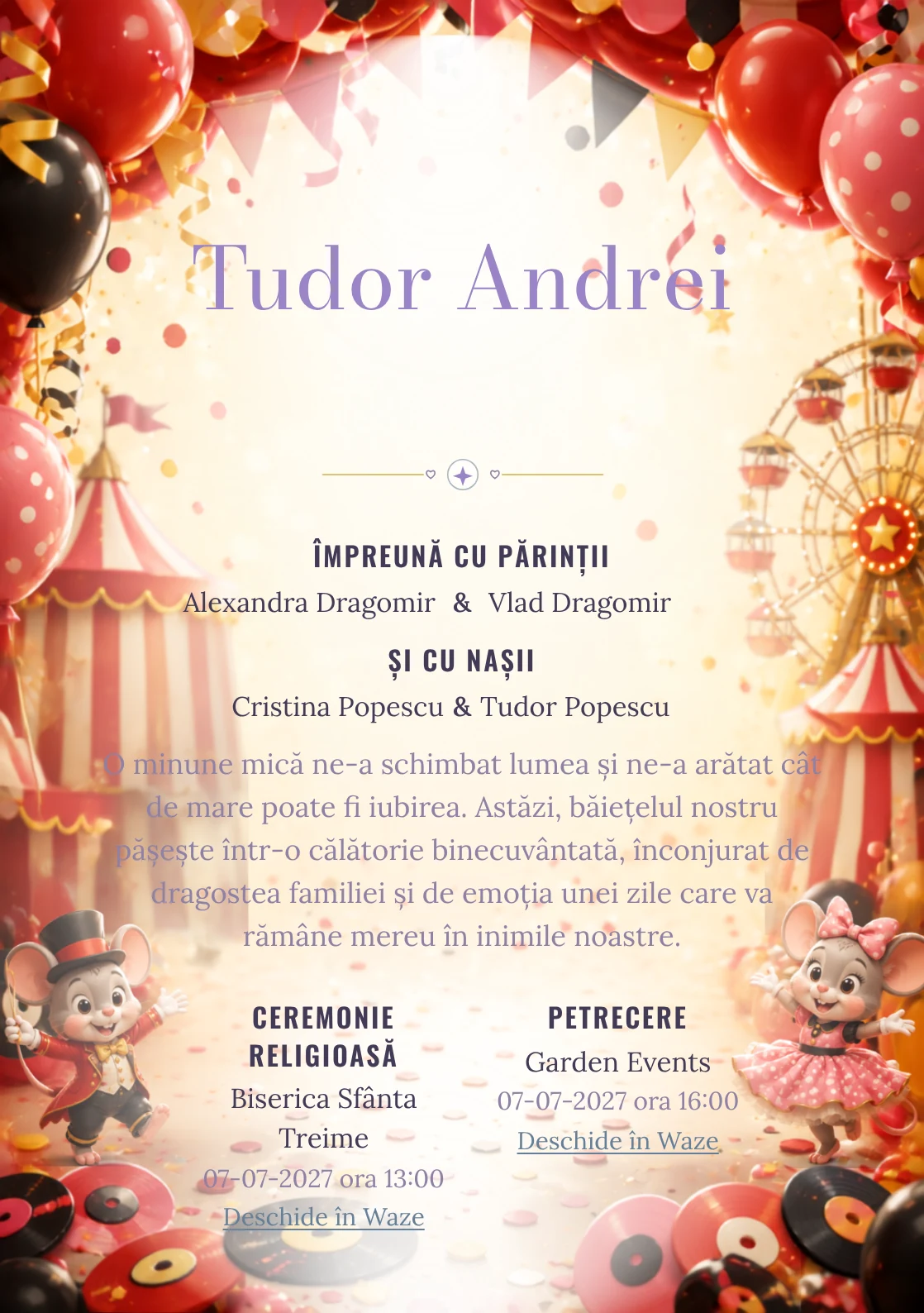 Carnaval cu Mickey și Minnie propune, pentru o invitație digitală, Mickey și Minnie într-un carnaval și baloane.