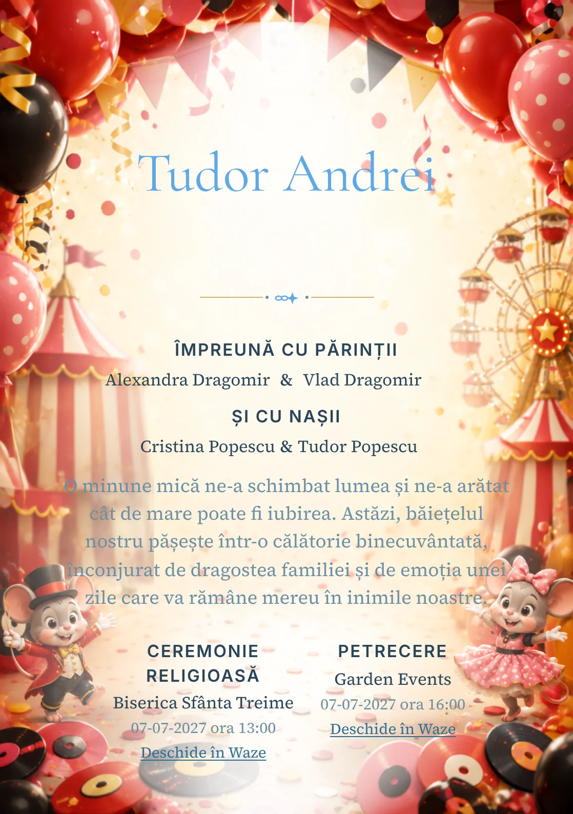 Carnaval cu Mickey și Minnie propune, pentru o invitație digitală, Mickey și Minnie într-un carnaval și baloane.