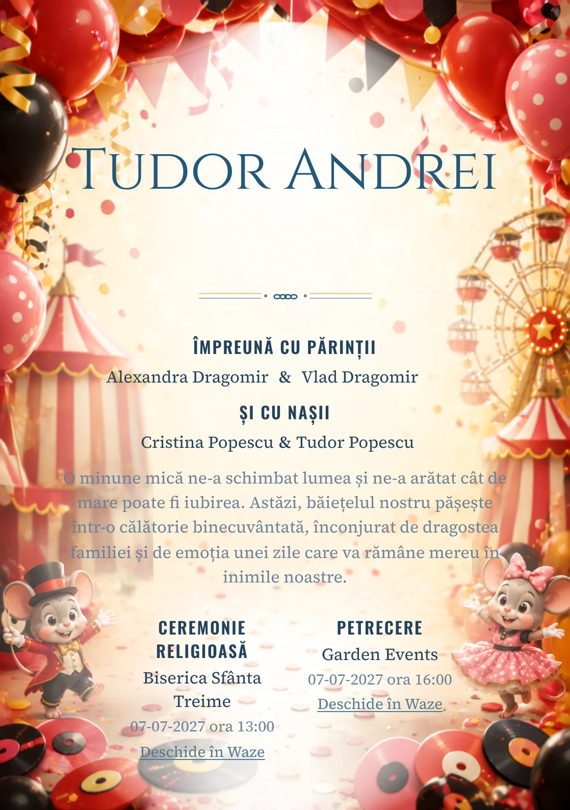 Carnaval cu Mickey și Minnie propune, pentru o invitație digitală, Mickey și Minnie într-un carnaval și baloane.