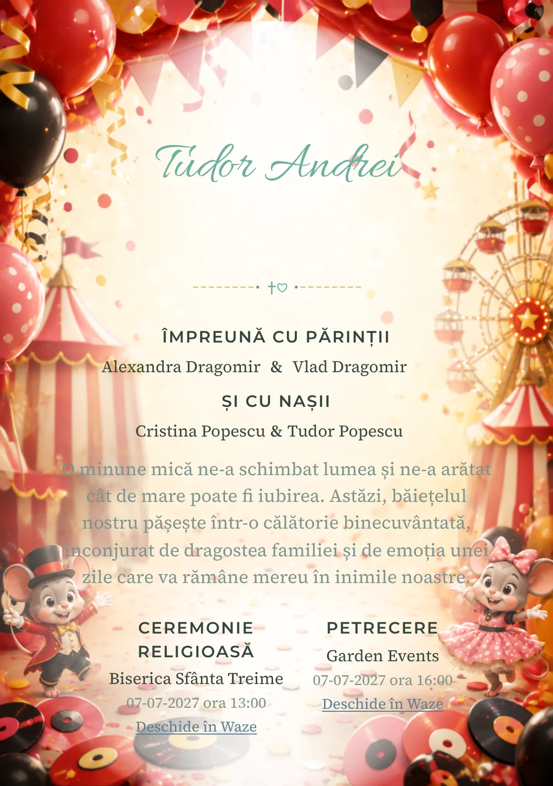 Carnaval cu Mickey și Minnie propune, pentru o invitație digitală, Mickey și Minnie într-un carnaval și baloane.