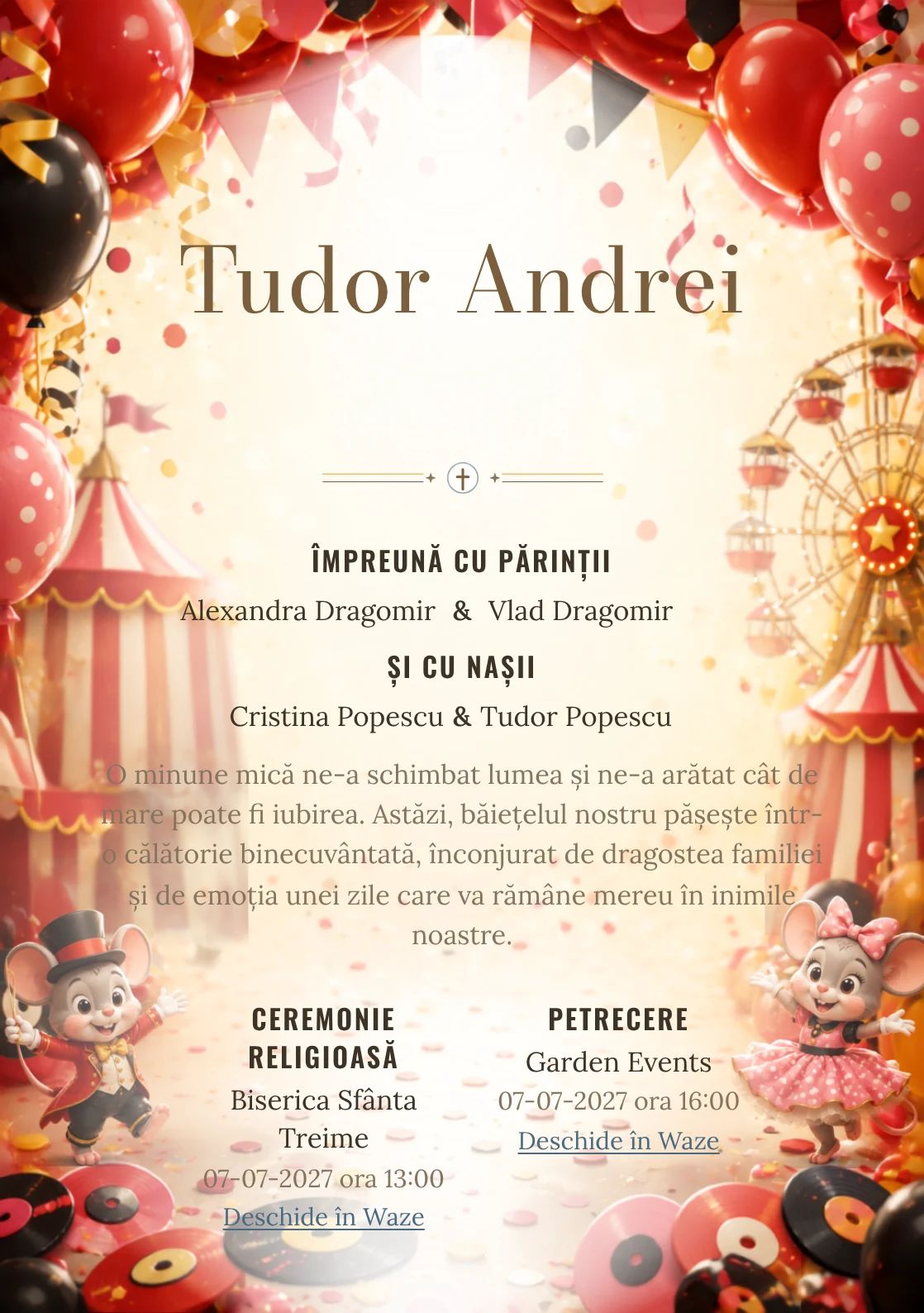Carnaval cu Mickey și Minnie propune, pentru o invitație digitală, Mickey și Minnie într-un carnaval și baloane.