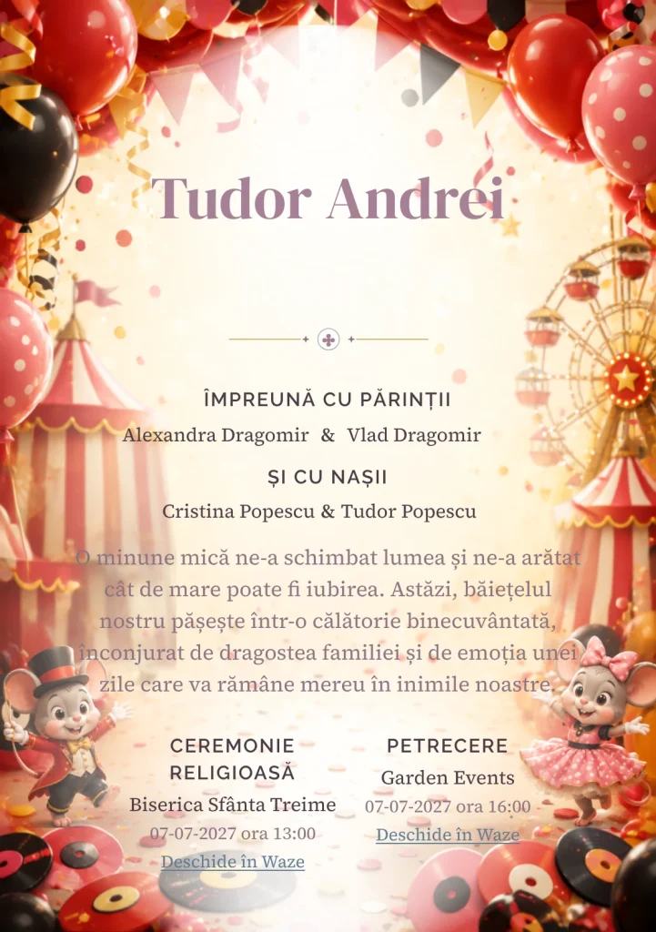 Carnaval cu Mickey și Minnie propune, pentru o invitație digitală, Mickey și Minnie într-un carnaval și baloane.