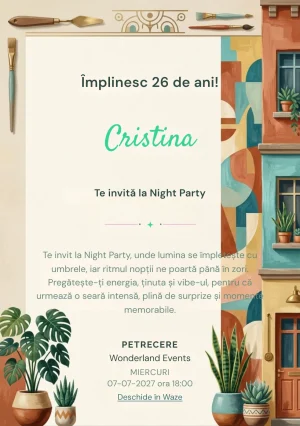 Modelul Cartierul Creativ, invitație digitală pentru ziua de naștere a adulților, pune în valoare un mural abstract și plante urbane.