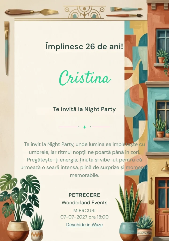 Modelul Cartierul Creativ, invitație digitală pentru ziua de naștere a adulților, pune în valoare un mural abstract și plante urbane.