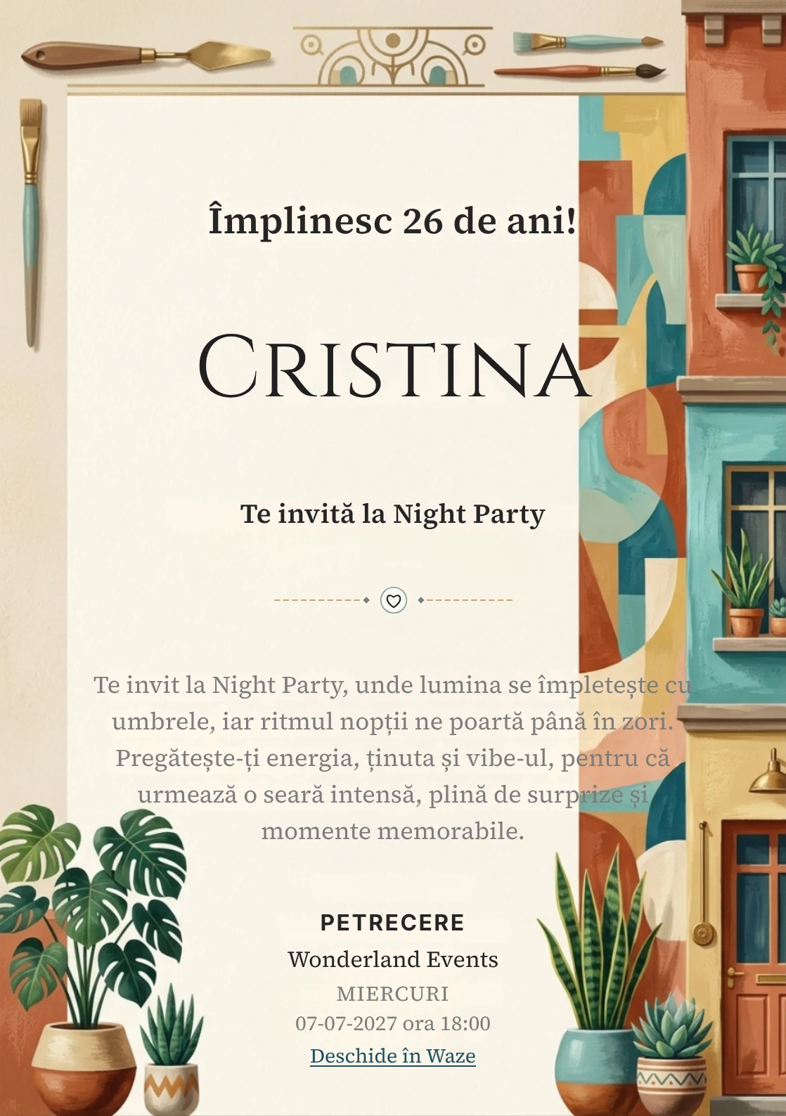 Modelul Cartierul Creativ, invitație digitală pentru ziua de naștere a adulților, pune în valoare un mural abstract și plante urbane.