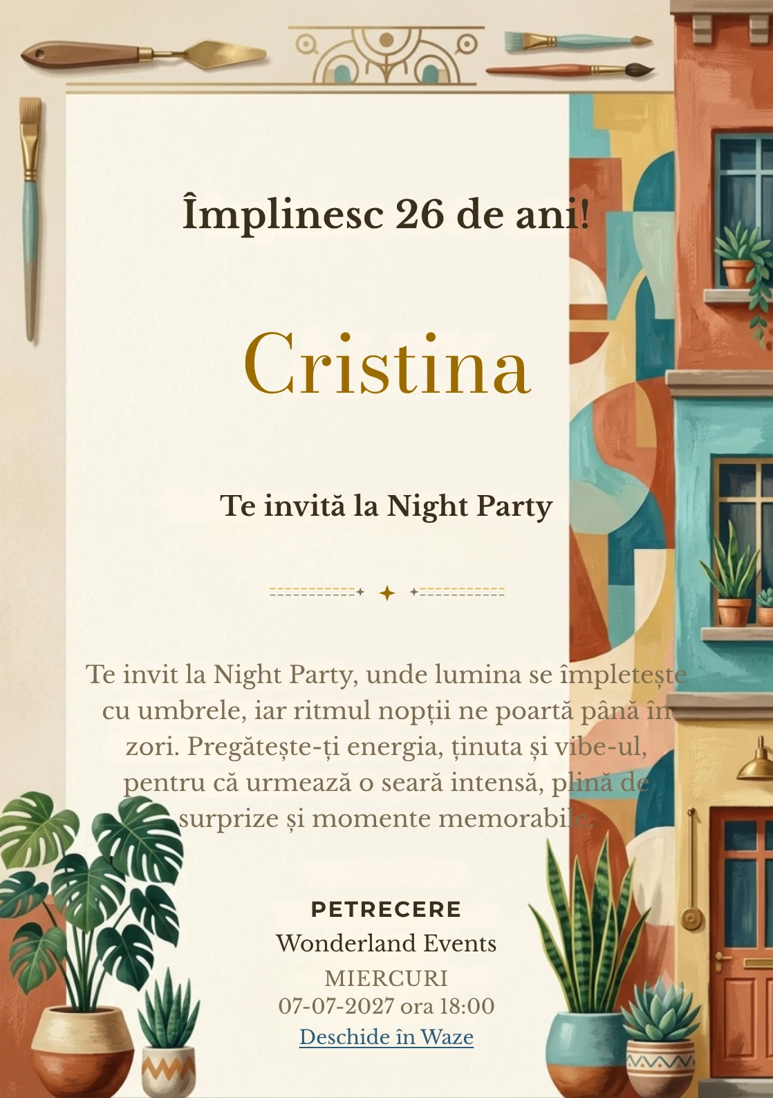 Modelul Cartierul Creativ, invitație digitală pentru ziua de naștere a adulților, pune în valoare un mural abstract și plante urbane.