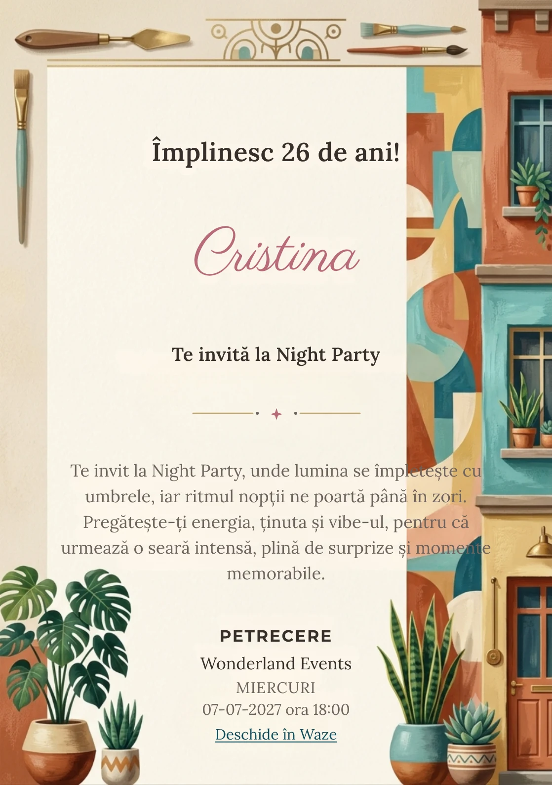 Modelul Cartierul Creativ, invitație digitală pentru ziua de naștere a adulților, pune în valoare un mural abstract și plante urbane.
